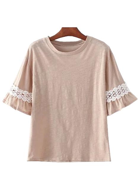 Shein Apricot Bell Sleeve Crochet T-shirt