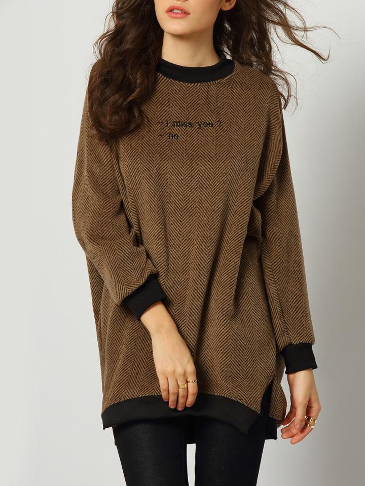 Shein Khaki Round Neck Letters Embroidered Split T-shirt