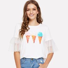Shein Layered Mesh Sleeve Ice Cream Print Tee