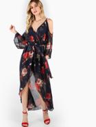 Shein Flower Print Cold Shoulder Surplice Wrap Dress