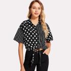 Shein Mixed Print Button Up Knot Front Blouse