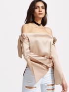 Shein Apricot Off The Shoulder Split Sleeve Bow Tie Top