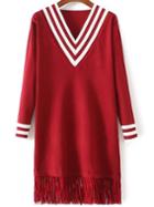 Shein Red Striped V Neck Fringe Hem Knit Dress