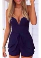 Rosewe Navy Blue Strapless V Neck Split Peplum Romper