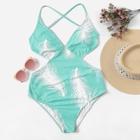 Shein Criss Cross Cut-out Random Feather Print Swimsuit