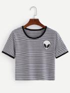 Shein Grey Striped Short Sleeve Embroidered T-shirt