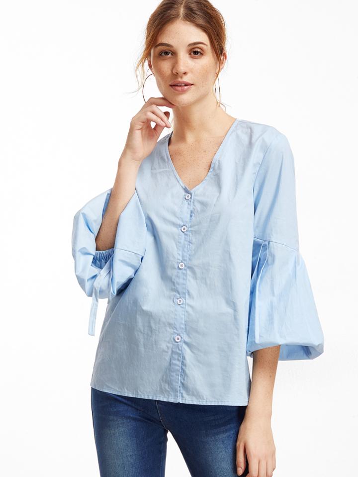 Shein Blue Pleated Lantern Sleeve Button Up Blouse
