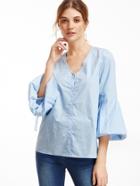 Shein Blue Pleated Lantern Sleeve Button Up Blouse