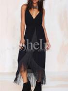 Shein Black Frocks Spaghetti Strap V Neck Tassel Trimmed Flapper Dress
