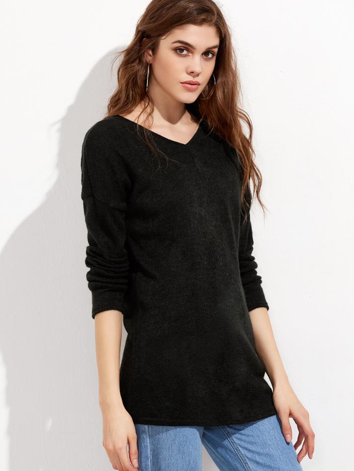 Shein Black V Neck Drop Shoulder Knit T-shirt