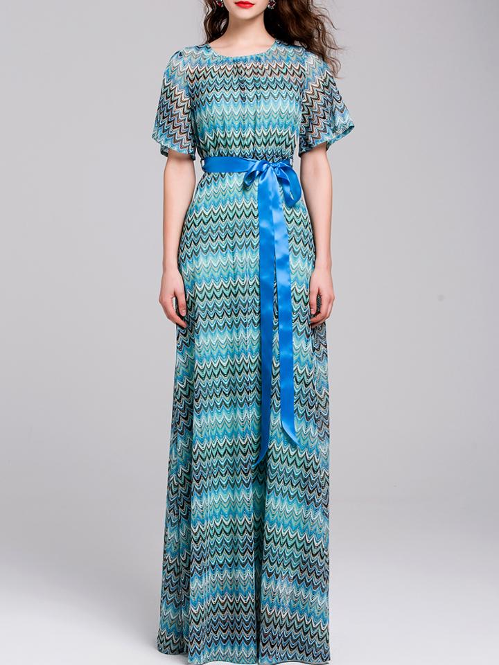 Shein Blue Crew Neck Tie-waist Chevron Maxi Dress