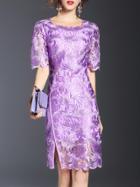 Shein Purple Boat Neck Gauze Embroidered Sheath Dress
