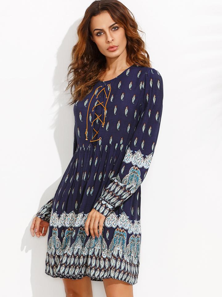 Shein Tribal Print Lace Up Front Long Sleeve Dress