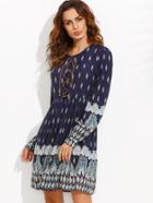 Shein Tribal Print Lace Up Front Long Sleeve Dress