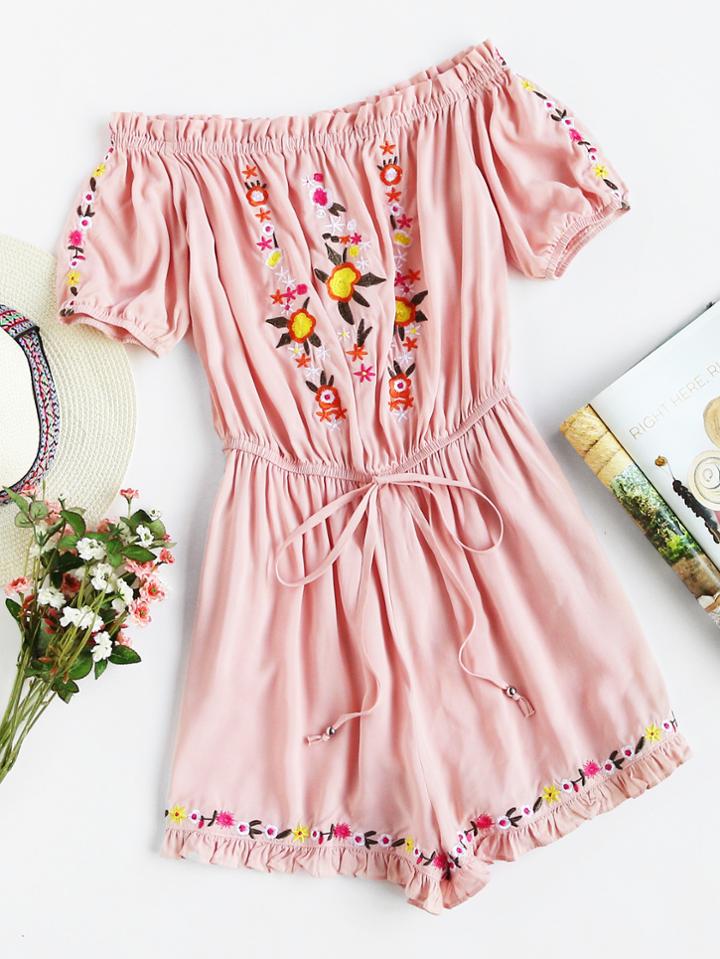 Shein Frill Trim Drawstring Waist Embroidered Bardot Playsuit