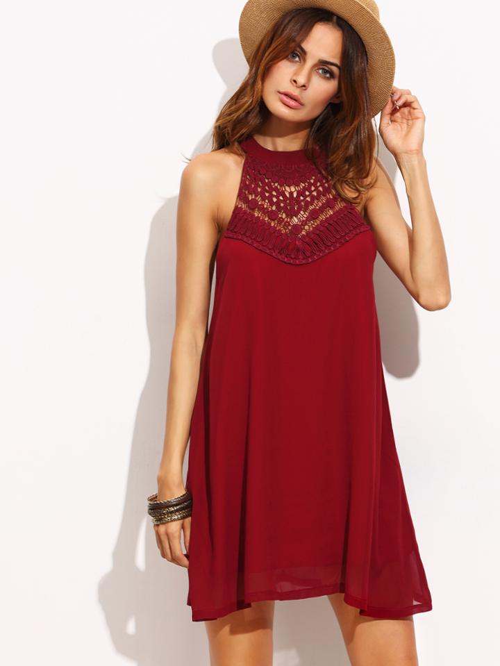 Shein Burgundy Crochet Insert Keyhole Halter Neck Dress