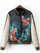 Shein Black Printed Stripe Trim Button Front Jacket