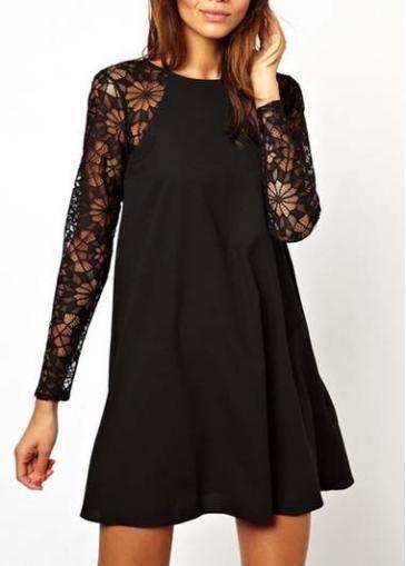 Rosewe A Line Long Sleeve Black Lace Splicing Mini Dress