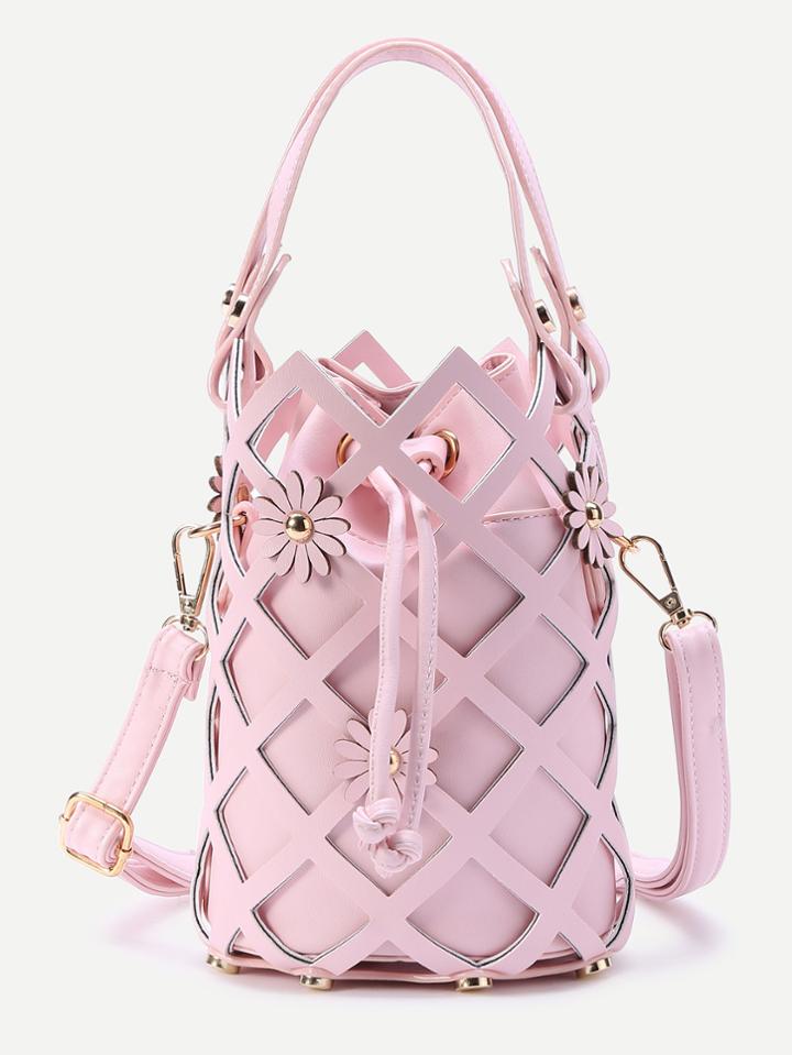 Shein Flower Embellished Hollow Out Drawstring Bucket Bag
