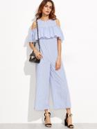 Shein Blue Vertical Striped Open Shoulder Wide Leg Ruffle Jumpsuit