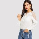 Shein Lace Insert Ruffle Trim Knotted Blouse