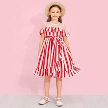 Shein Girls Mesh Insert Ruffle Hem Belted Dress
