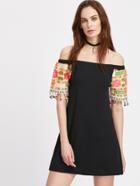 Shein Bardot Contrast Embroidered Pom Pom Trim Dress