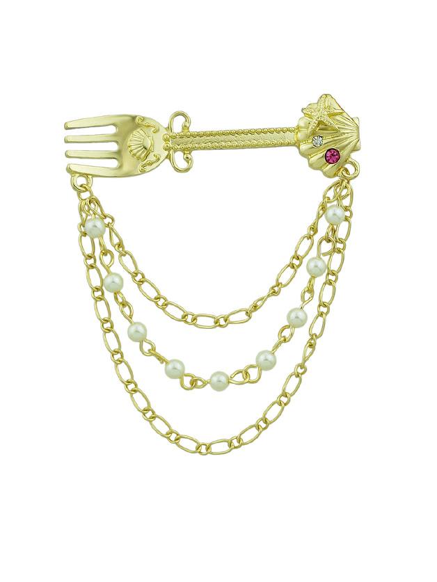 Shein Retro Style Gold-color Chain With Simulated-pearl Shell Fork Brooch