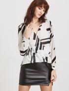 Shein Black White Geometric Print Wrap Blouse