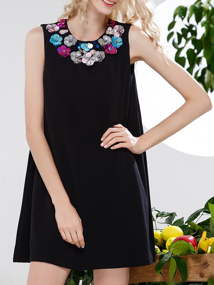 Shein Black Applique Pouf Shift Dress
