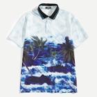 Shein Men Beach Print Striped Neck Polo Shirt