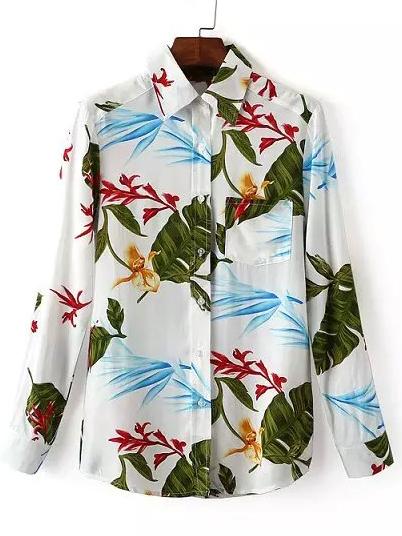 Shein Multicolor Lapel Pocket Leaves Print Blouse