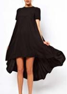 Rosewe Loose High Low Hem Black Short Sleeve Dress