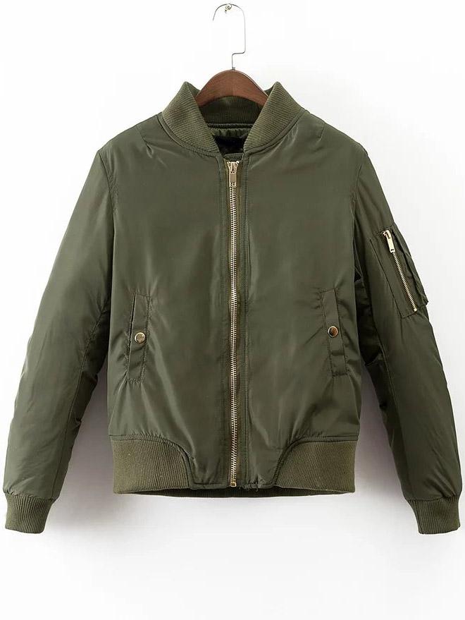 Shein Army Green Ribbed Trim Zipper Up Quilted Jacket