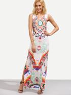 Shein White Tribal Print Slit Side Sleeveless Dress