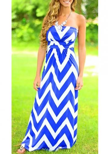 Rosewe Chevron Print Strapless Blue And White Maxi Dress