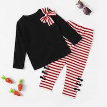 Shein Toddler Girls Bow Detail Tee & Striped Pants