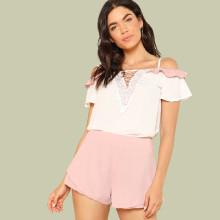 Shein Open Shoulder Crisscross Top & Ruffle Hem Shorts Set