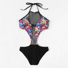 Shein Open Back Mesh Panel Swimsuit