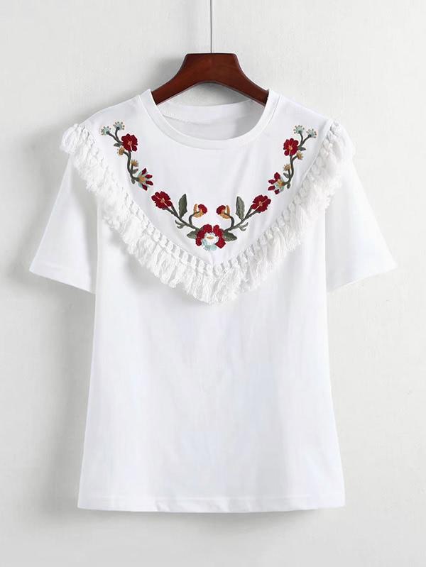 Shein Embroidery Floral Tassel Tee