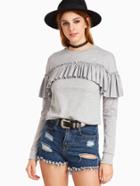 Shein Heather Grey Ruffle Trim Long Sleeve Sweatshirt