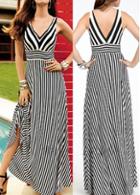 Rosewe V Neck High Waist Striped Maxi Dress