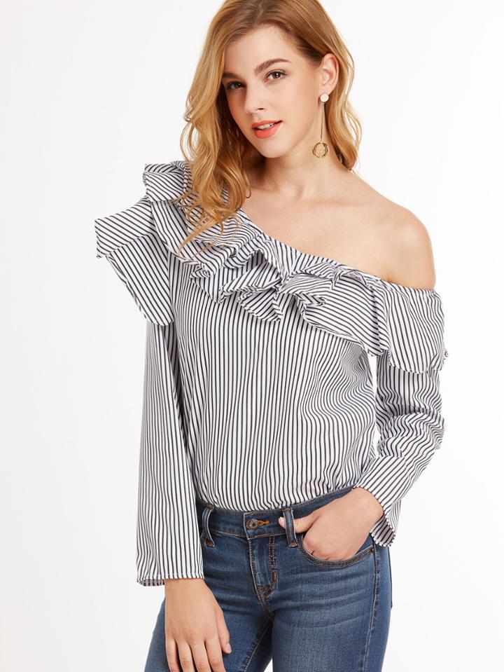 Shein Vertical Striped One Shoulder Ruffle Trim Top