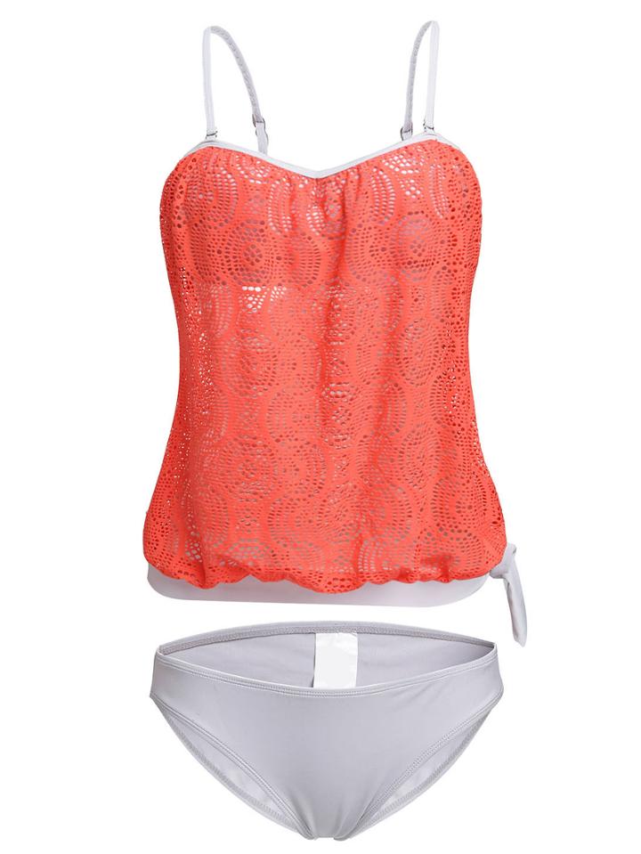 Shein Orange Crochet Overlay Spaghetti Strap Tankini Set