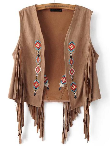 Shein Brown Sleeveless Embroidery Tassel Cardigan Outerwear