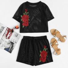 Shein Embroidered Appliques Mesh Top With Shorts