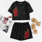 Shein Embroidered Appliques Mesh Top With Shorts