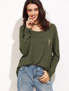 Shein Olive Green Drop Shoulder Cactus Embroidered Ribbed T-shirt