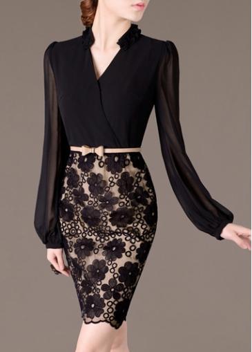 Rosewe Lantern Sleeve Lace Crochet Black Bodycon Dress