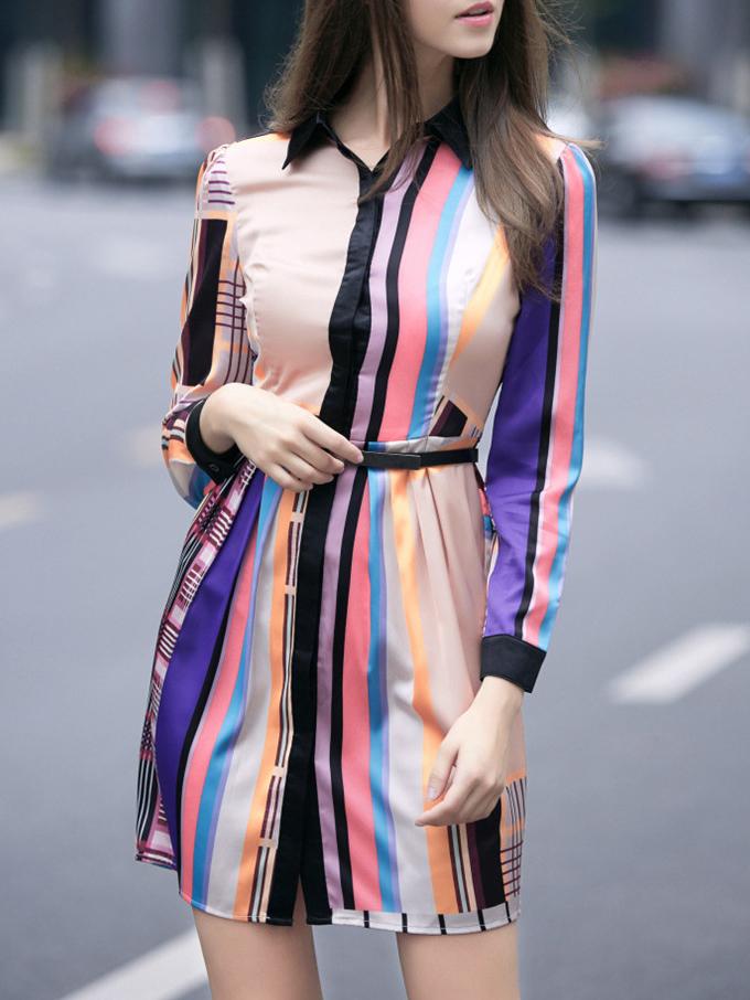 Shein Apricot Color Block Lapel Belted Dress